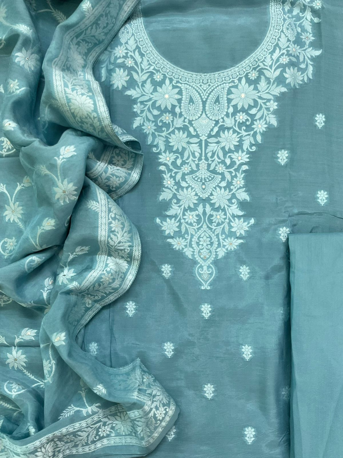 Pure Muslin Silk Banarasi Weaved Suit - Blue