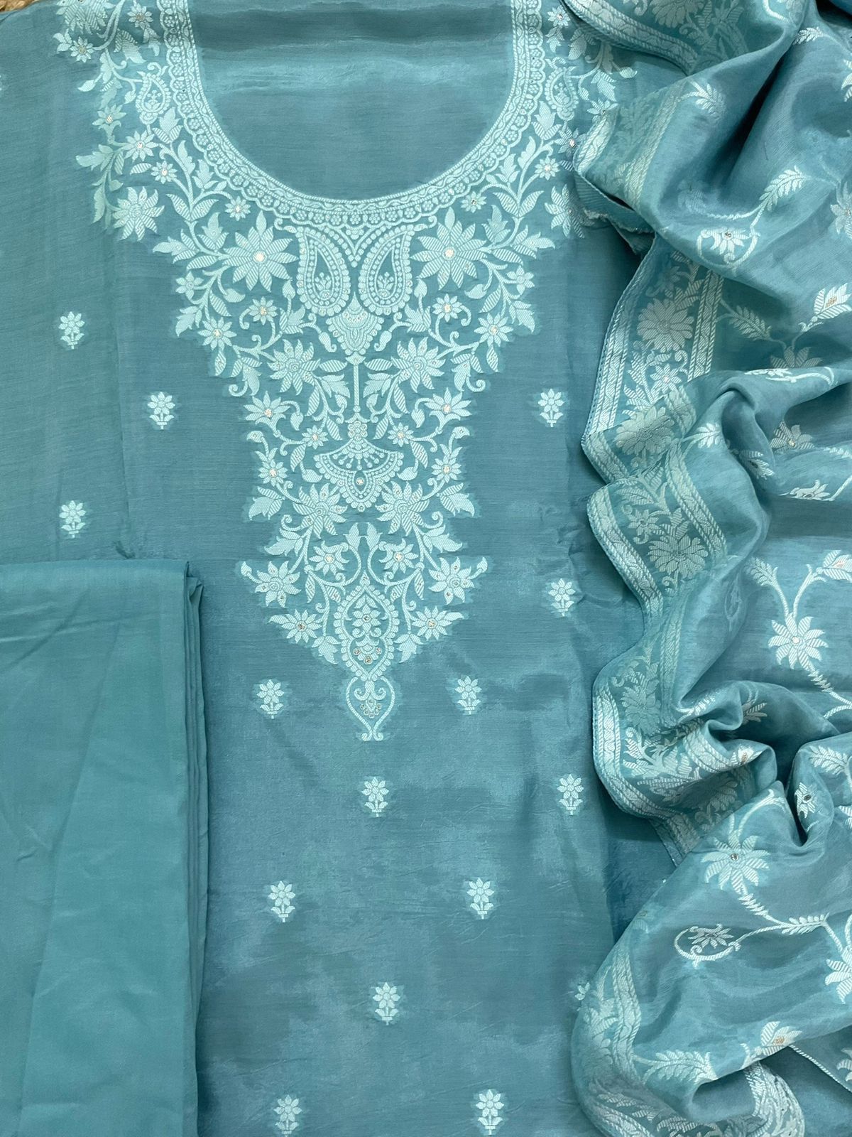 Pure Muslin Silk Banarasi Weaved Suit - Blue