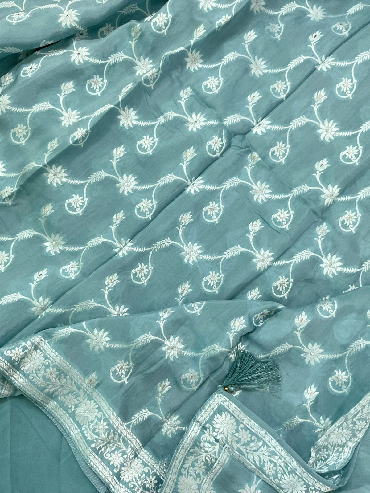 Pure Muslin Silk Banarasi Weaved Suit - Blue
