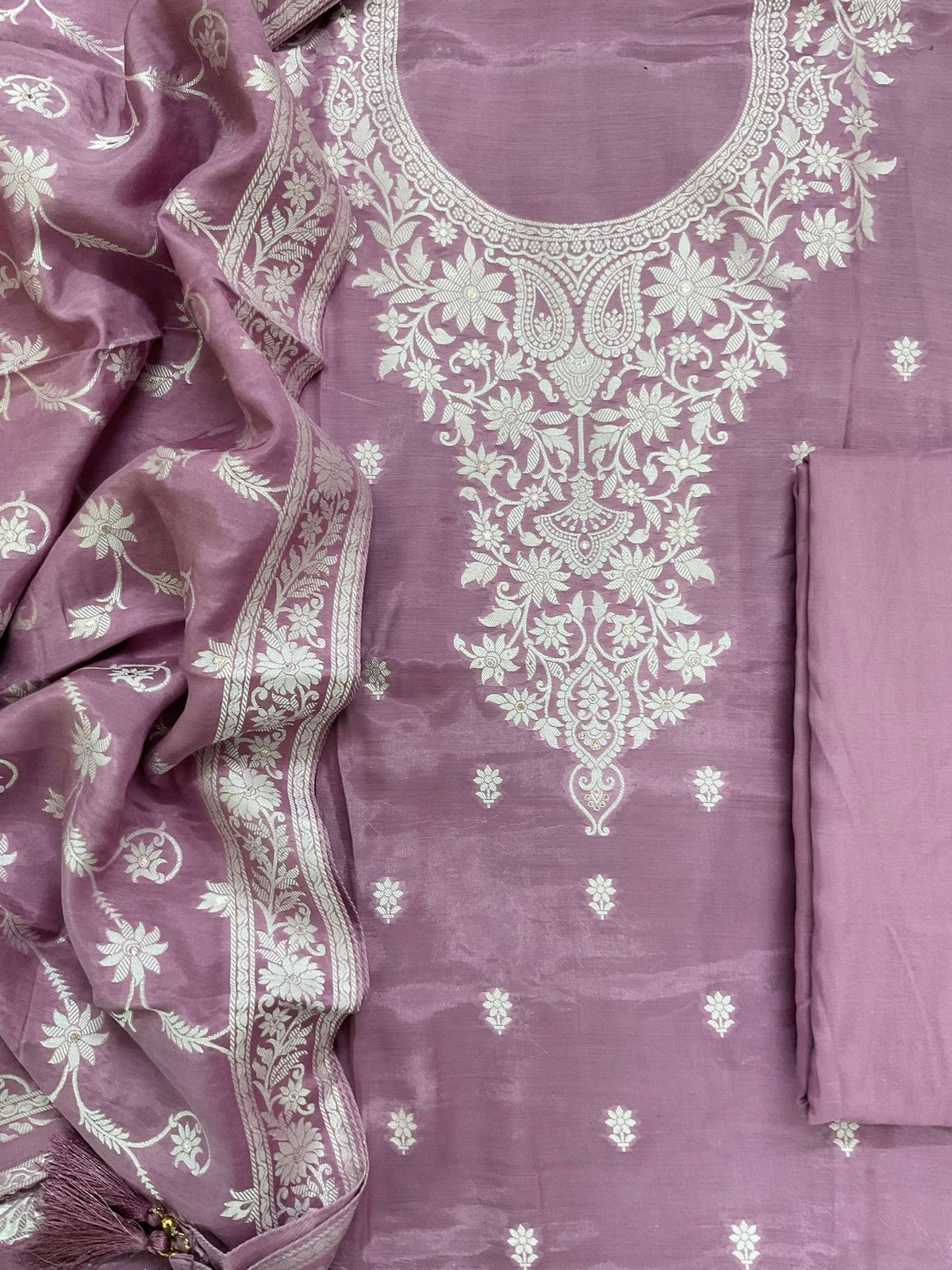Pure Muslin Silk Banarasi Weaved Suit - Lavender