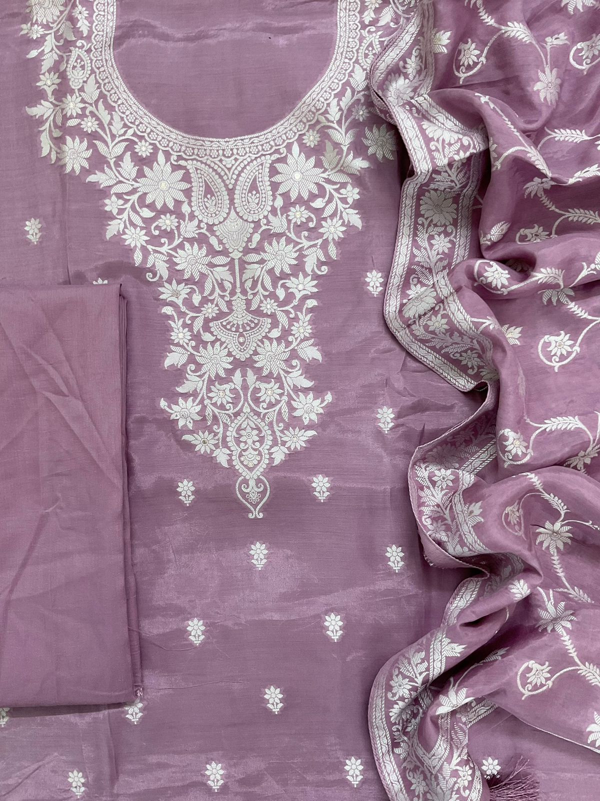 Pure Muslin Silk Banarasi Weaved Suit - Lavender