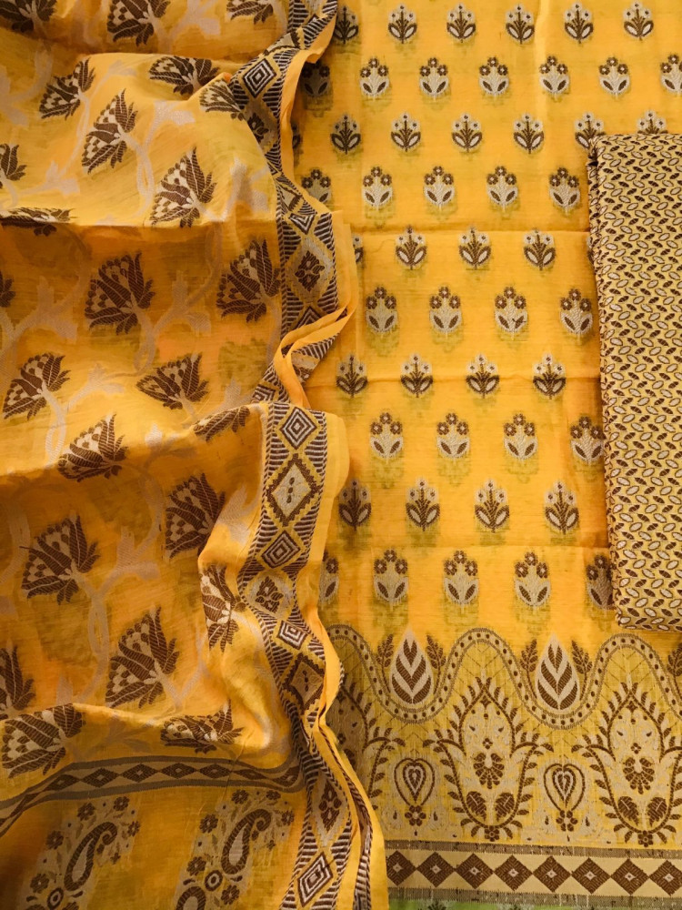 Image of Soft Chanderi Banarasi Weaved Suit - Yellow