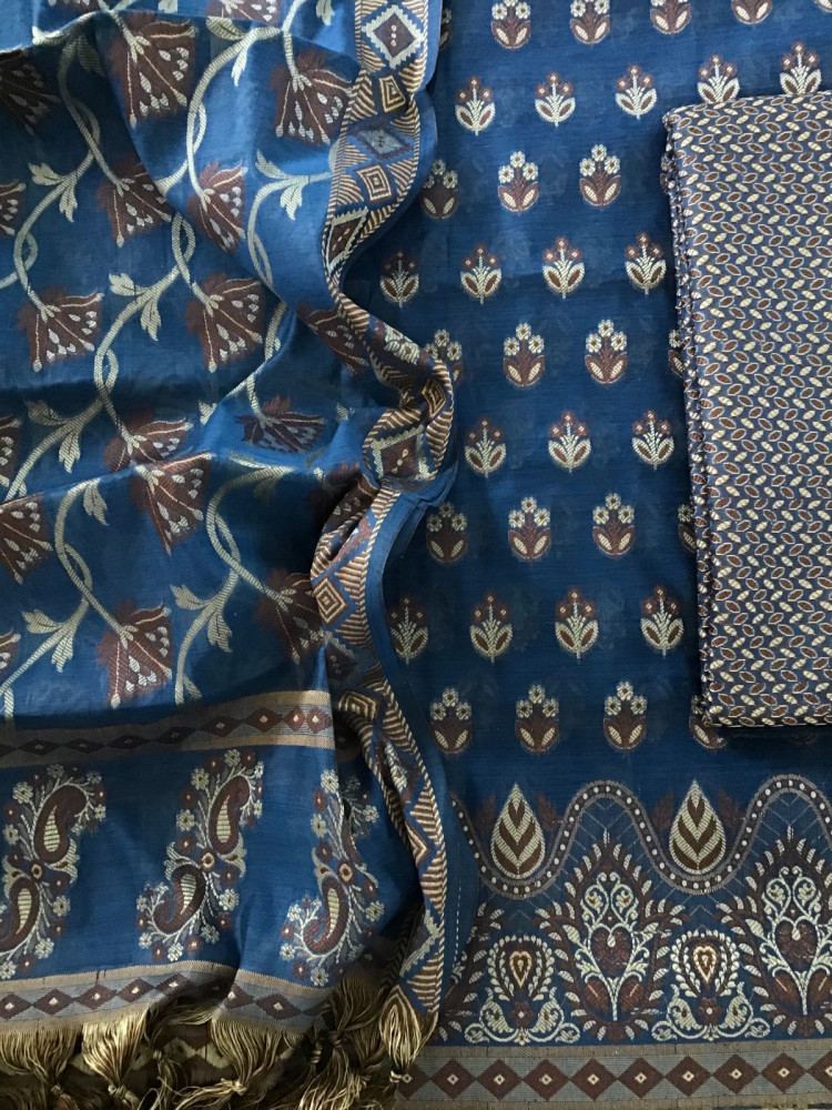 Image of Soft Chanderi Banarasi Weaved Suit - Blue