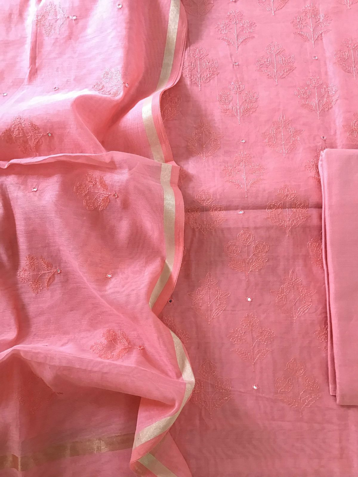 Soft Chanderi Cotton Embroidered Suit - Peach