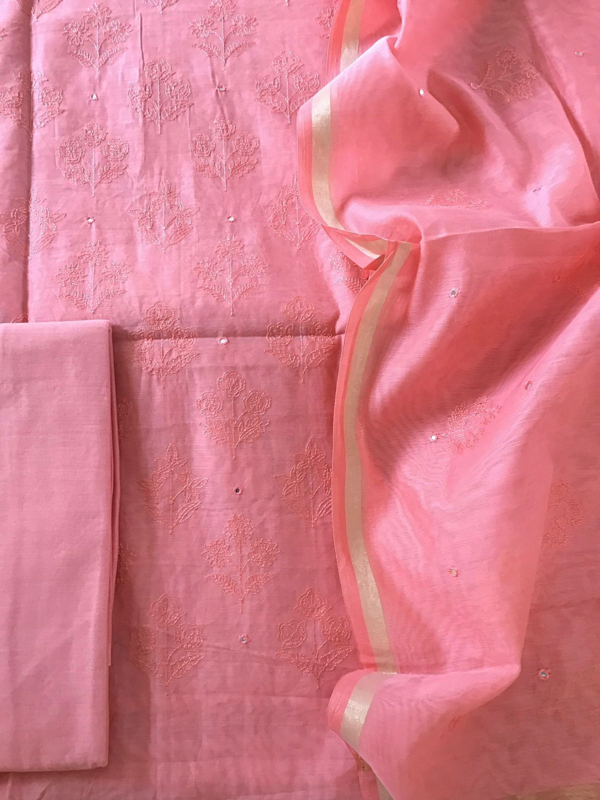 Soft Chanderi Cotton Embroidered Suit - Peach