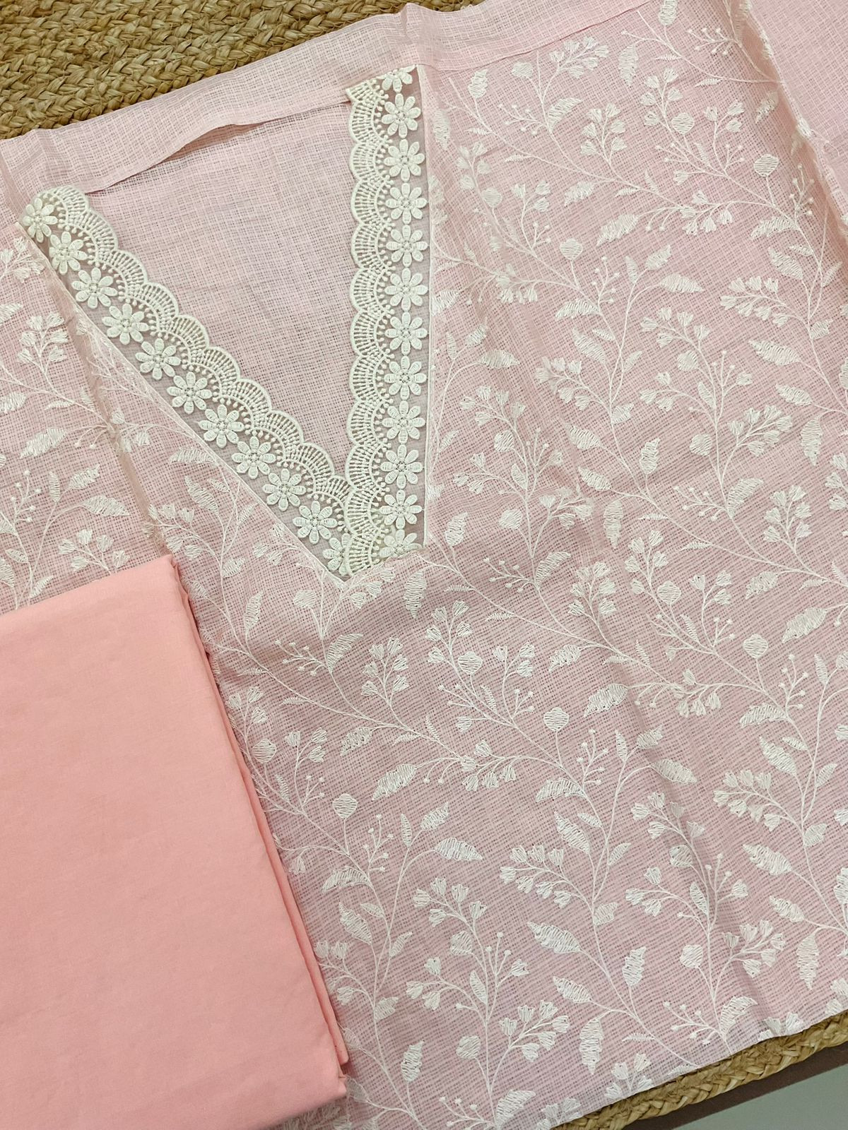 Soft Kota Silk Embroidered Suit - Peach