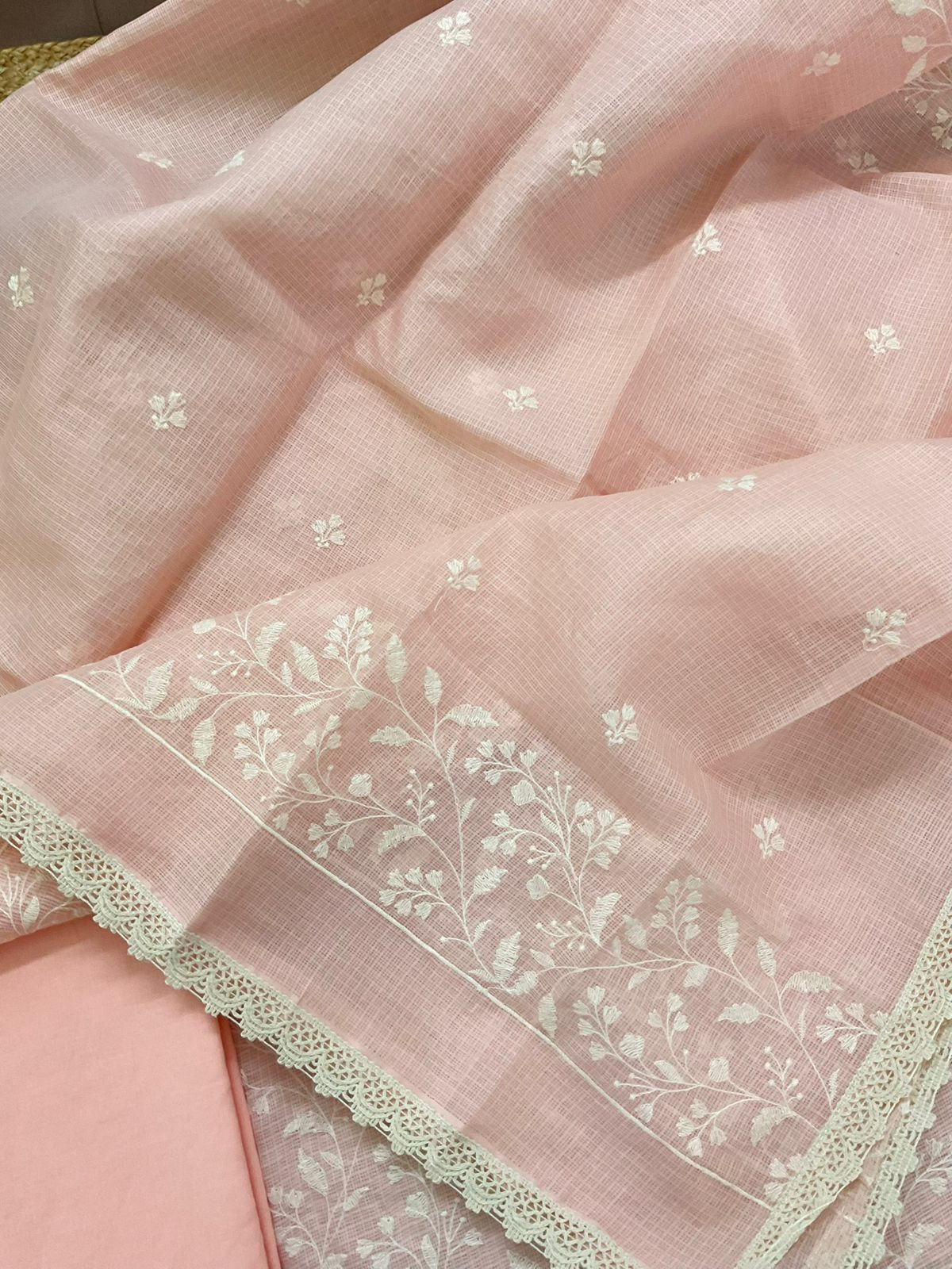 Soft Kota Silk Embroidered Suit - Peach