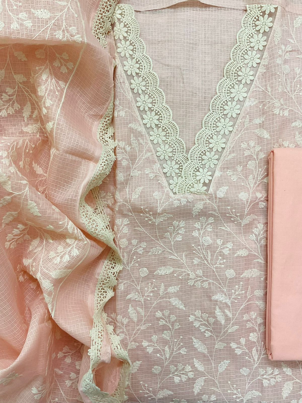 Soft Kota Silk Embroidered Suit - Peach