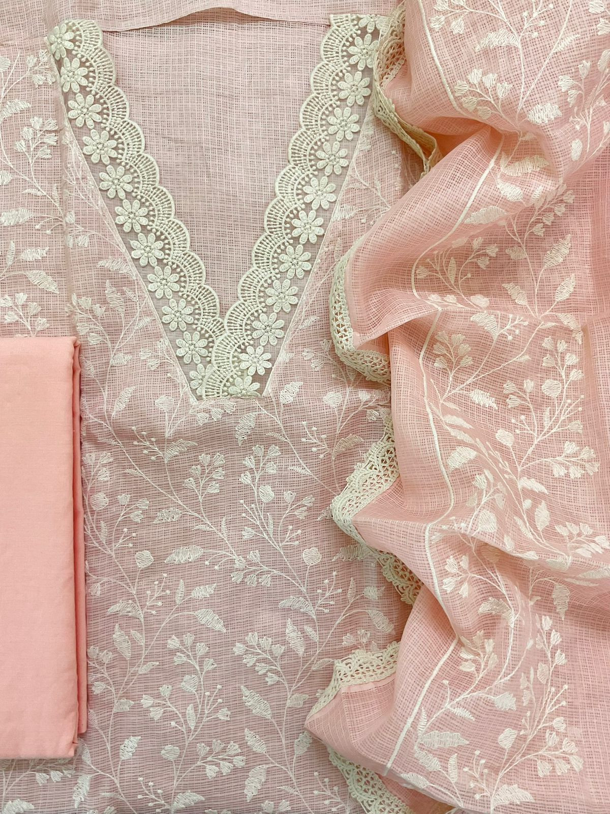 Soft Kota Silk Embroidered Suit - Peach