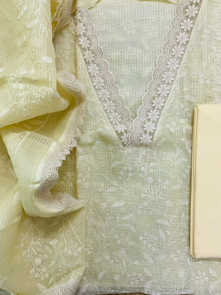 Image of Soft Kota Silk Embroidered Suit - Yellow