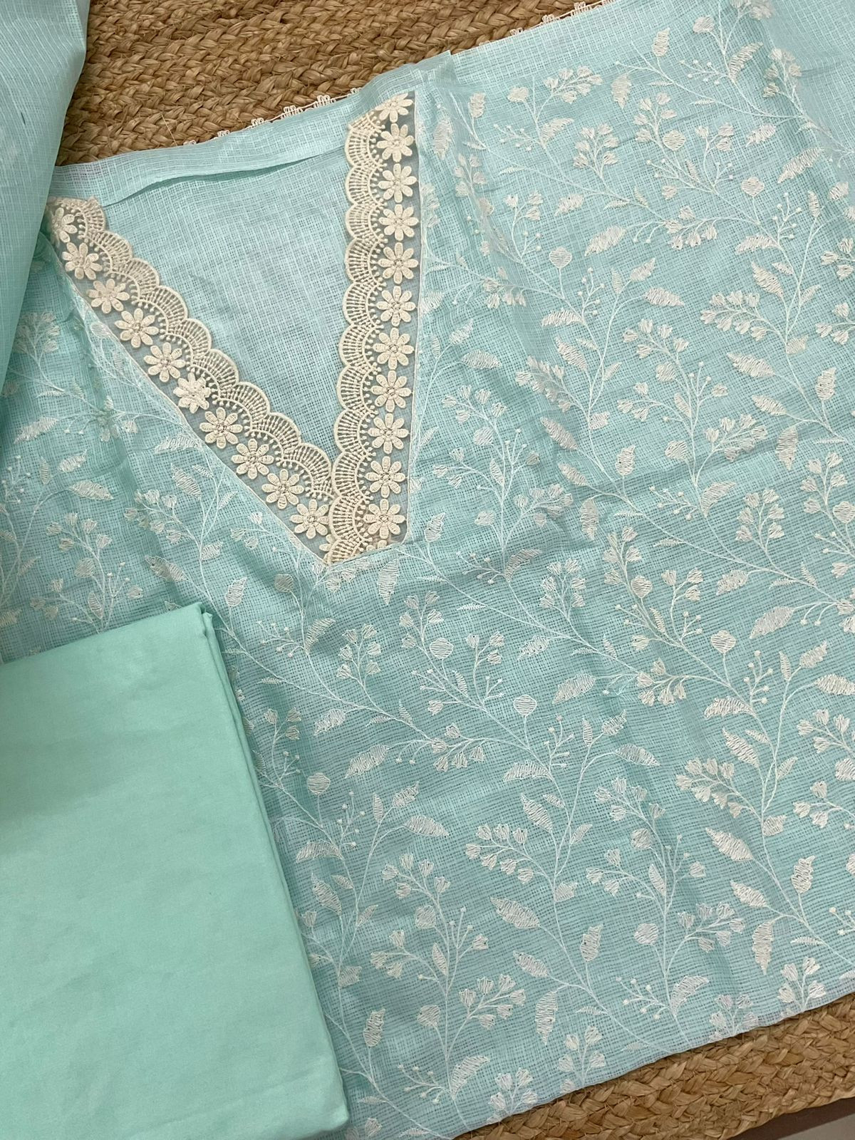 Soft Kota Silk Embroidered Suit - Sea Blue