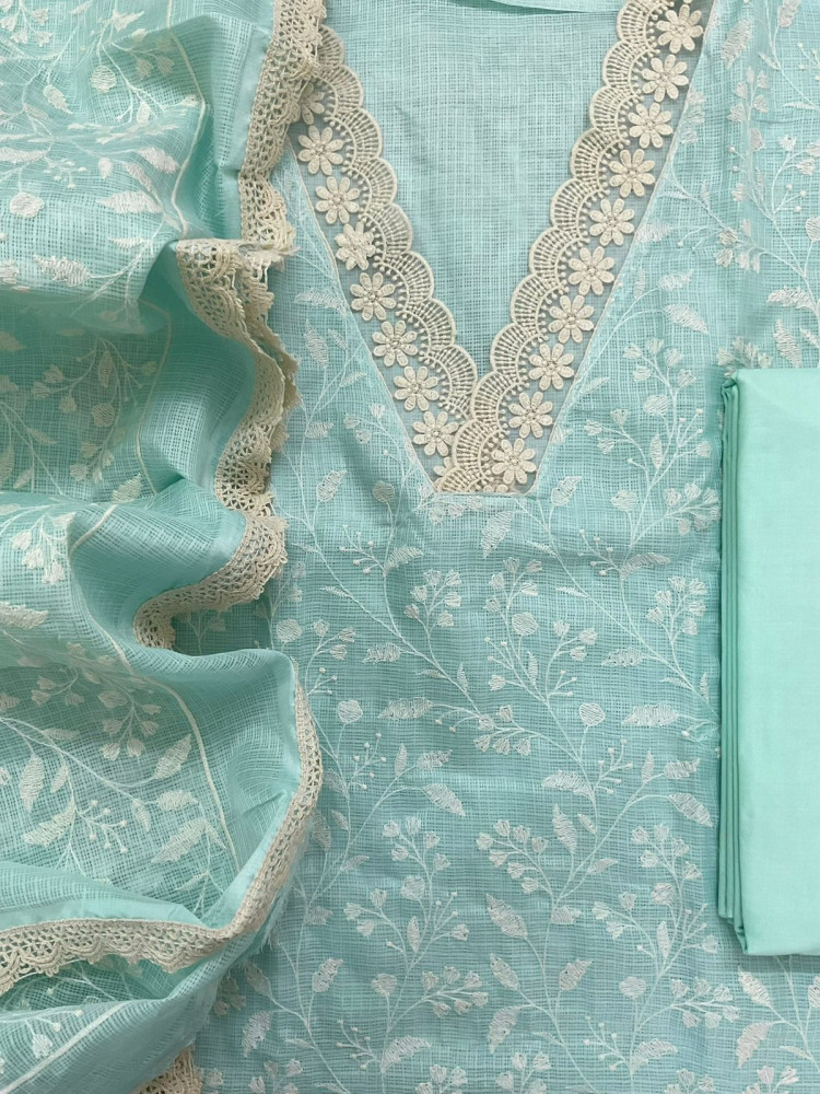 Image of Soft Kota Silk Embroidered Suit - Sea Blue