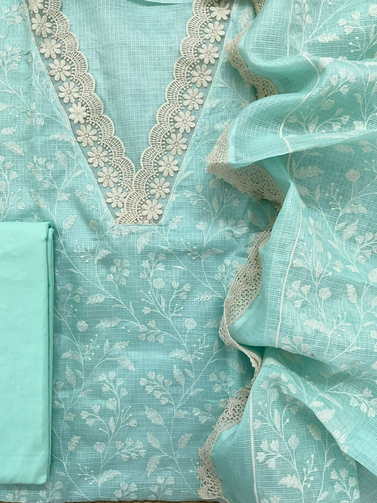 Soft Kota Silk Embroidered Suit - Sea Blue