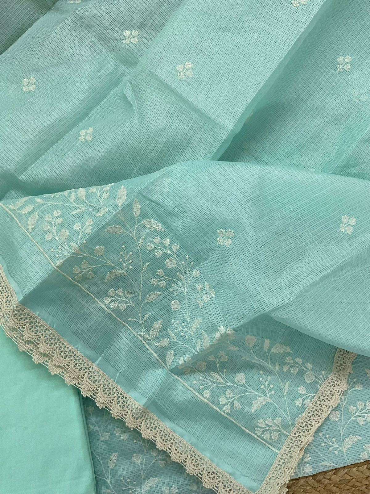 Soft Kota Silk Embroidered Suit - Sea Blue