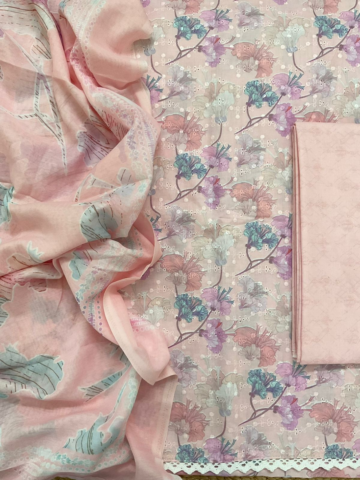 Soft Cotton Printed Embroidered Suit - Peach