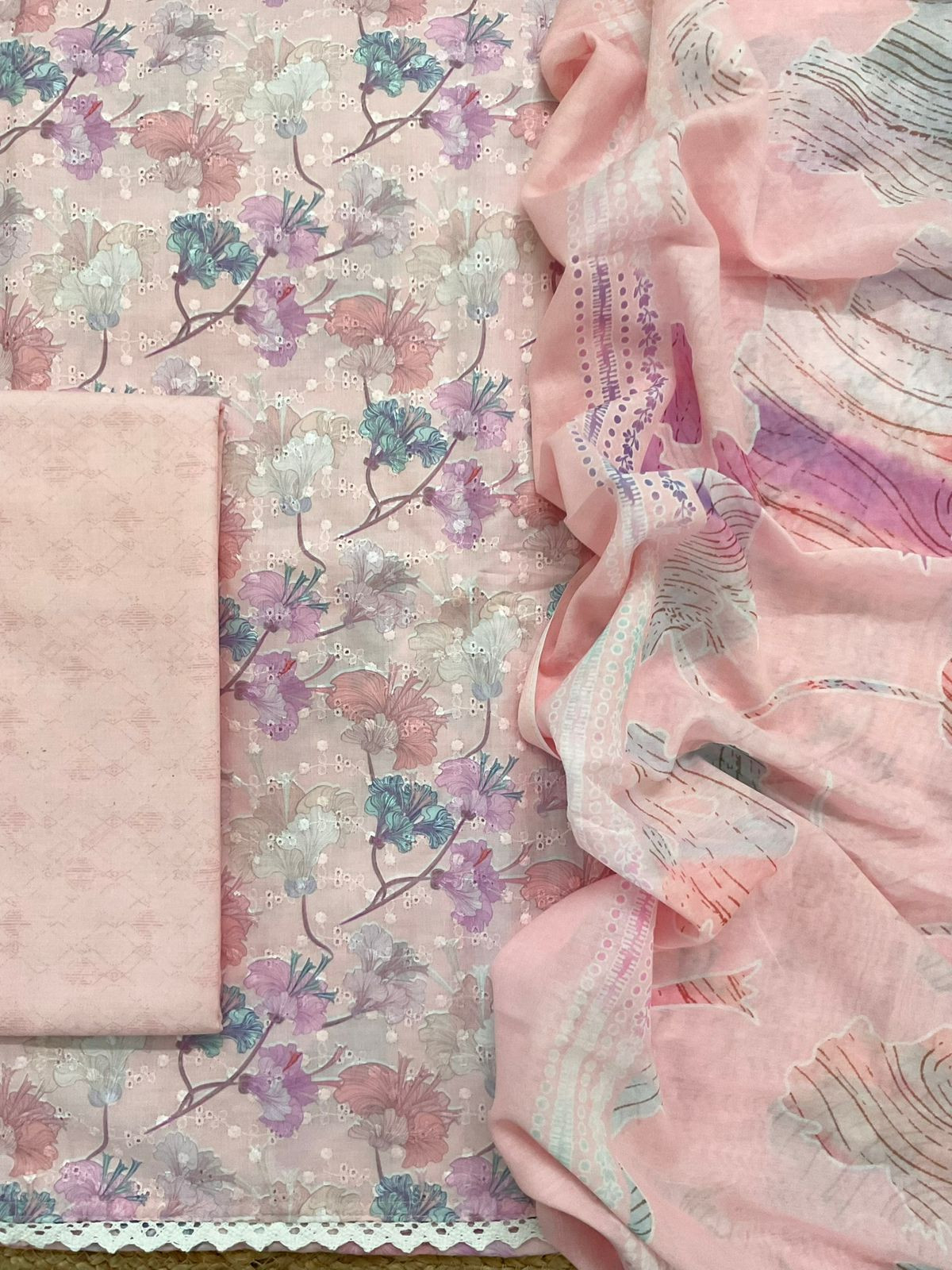 Soft Cotton Printed Embroidered Suit - Peach