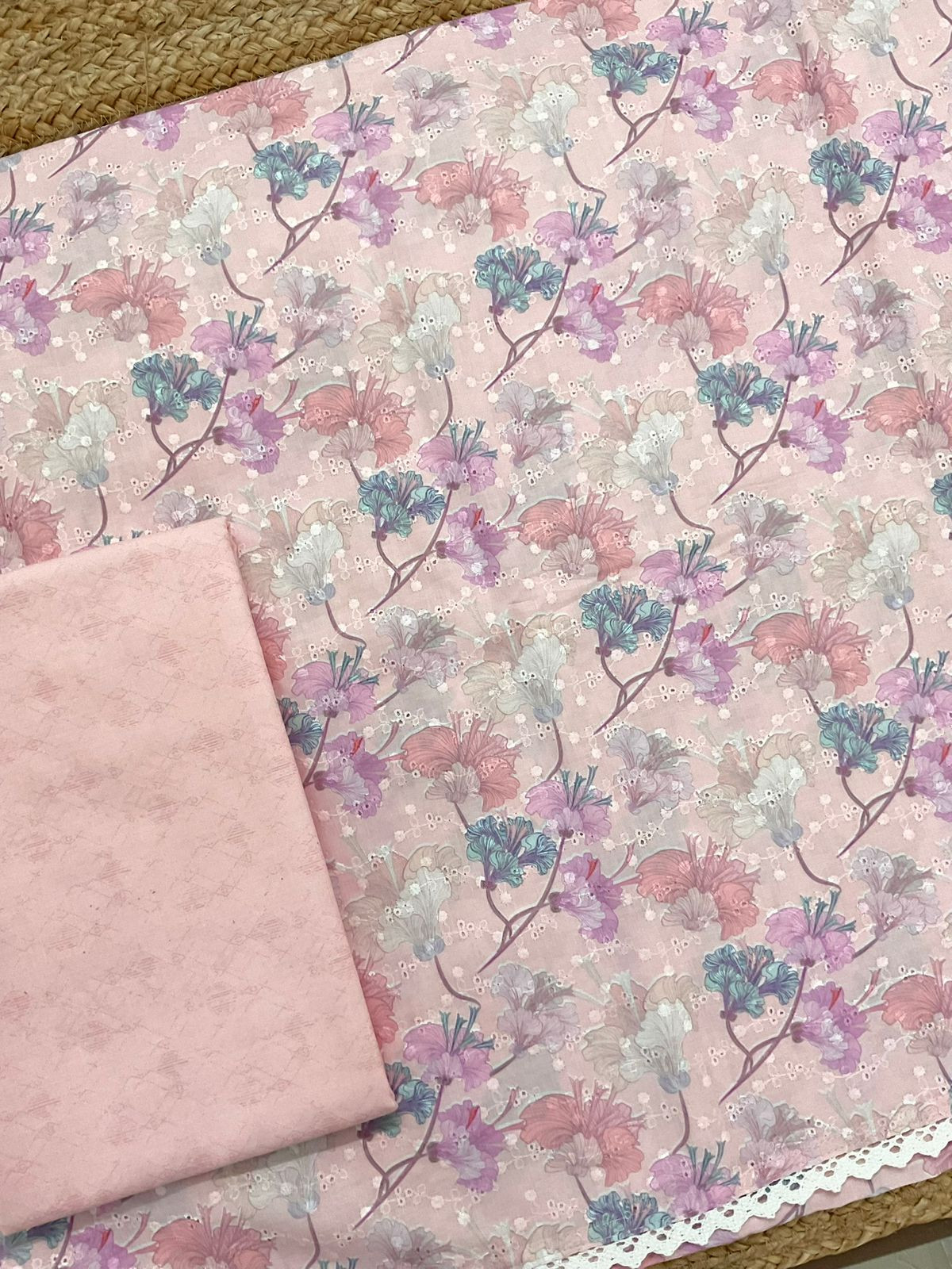 Soft Cotton Printed Embroidered Suit - Peach