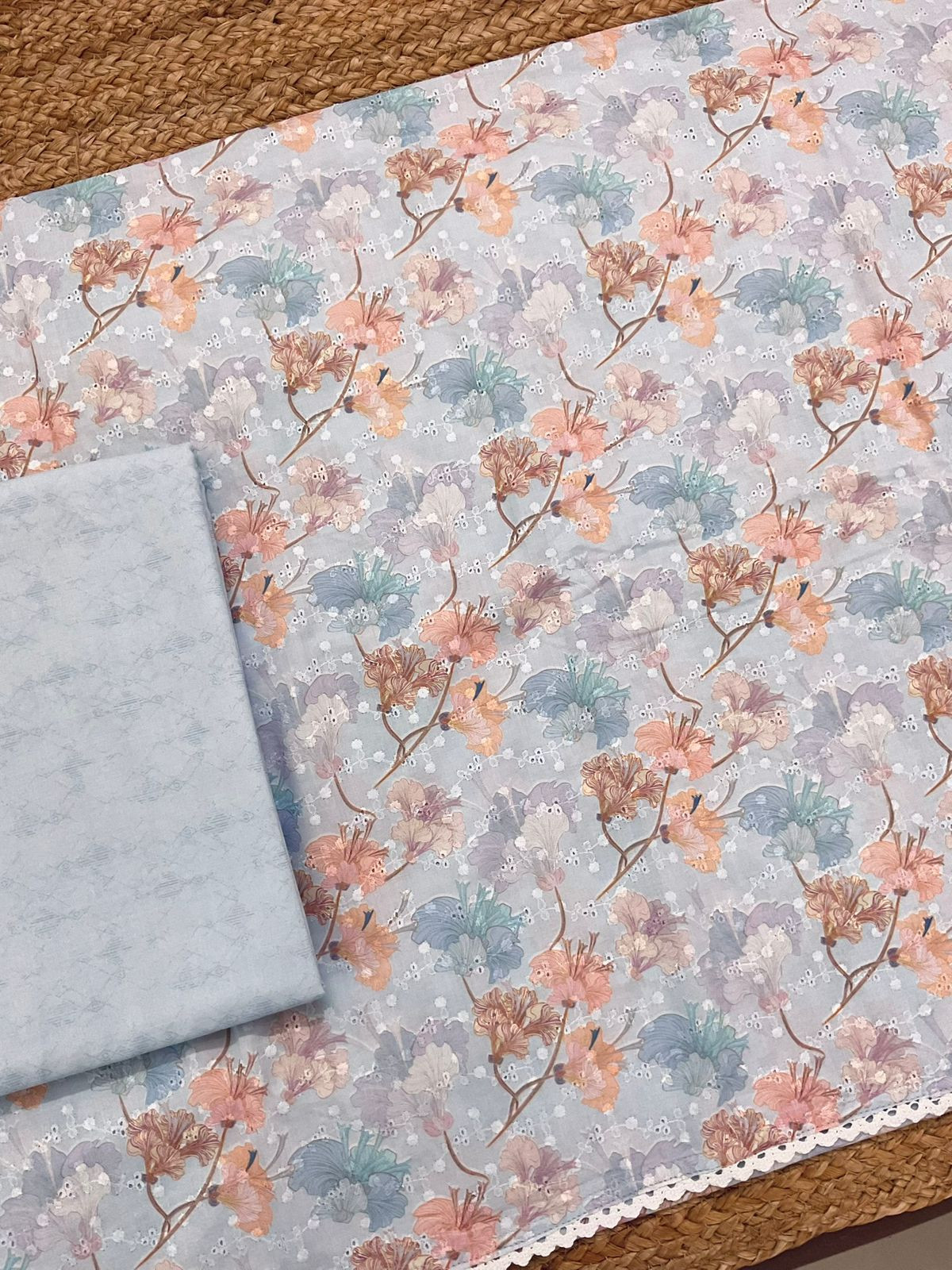 Soft Cotton Printed Embroidered Suit - Lilac Grey