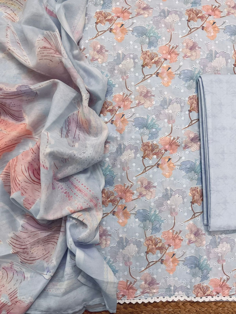 Image of Soft Cotton Printed Embroidered Suit - Lilac Grey