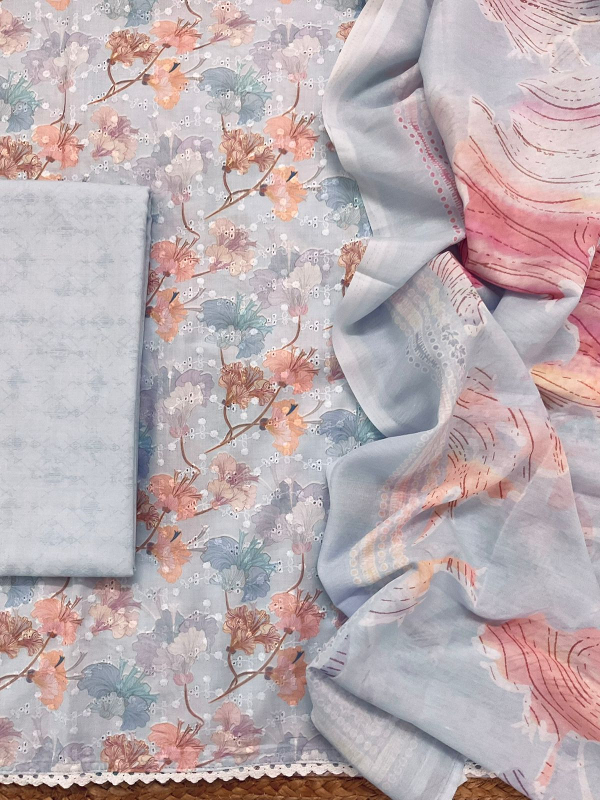 Soft Cotton Printed Embroidered Suit - Lilac Grey