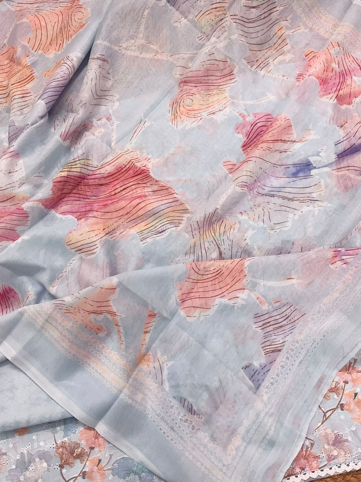 Soft Cotton Printed Embroidered Suit - Lilac Grey