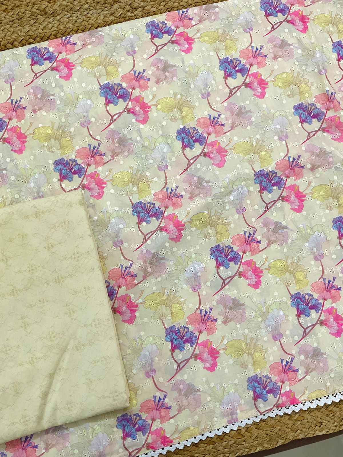 Soft Cotton Printed Embroidered Suit - Yellow