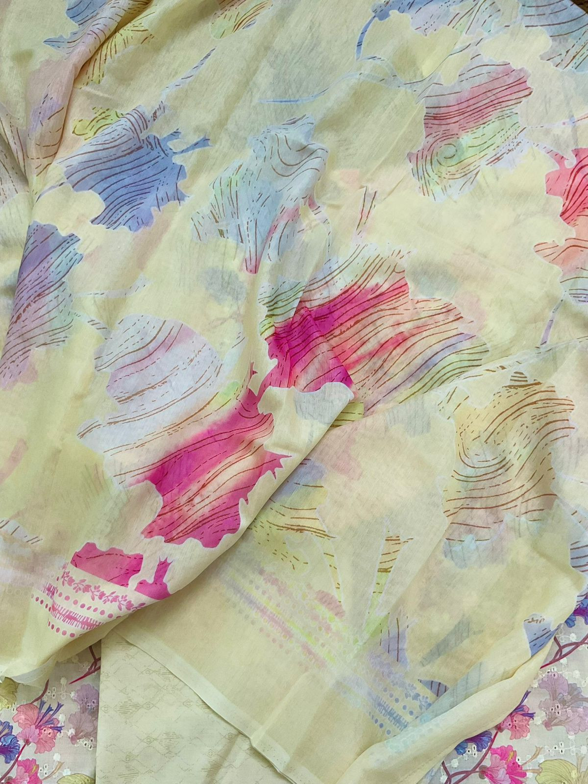 Soft Cotton Printed Embroidered Suit - Yellow