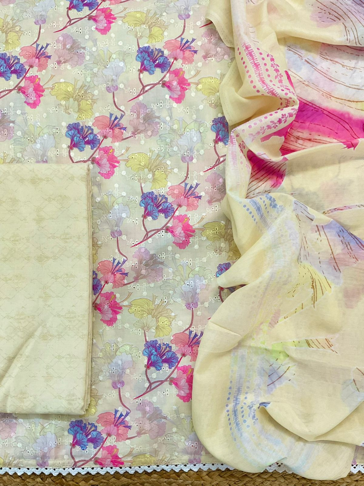 Soft Cotton Printed Embroidered Suit - Yellow