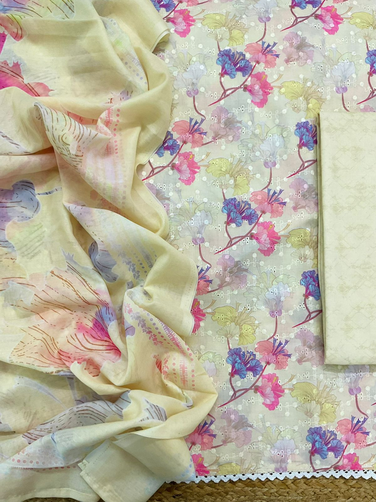 Soft Cotton Printed Embroidered Suit - Yellow