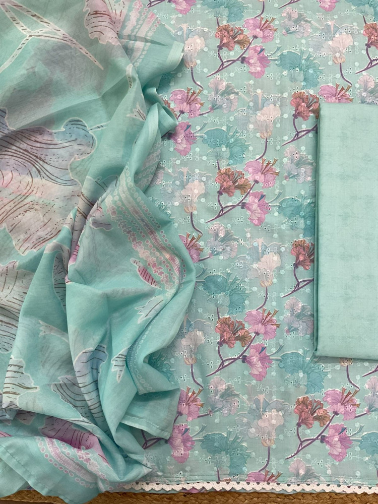 Image of Soft Cotton Printed Embroidered Suit - Sea Blue