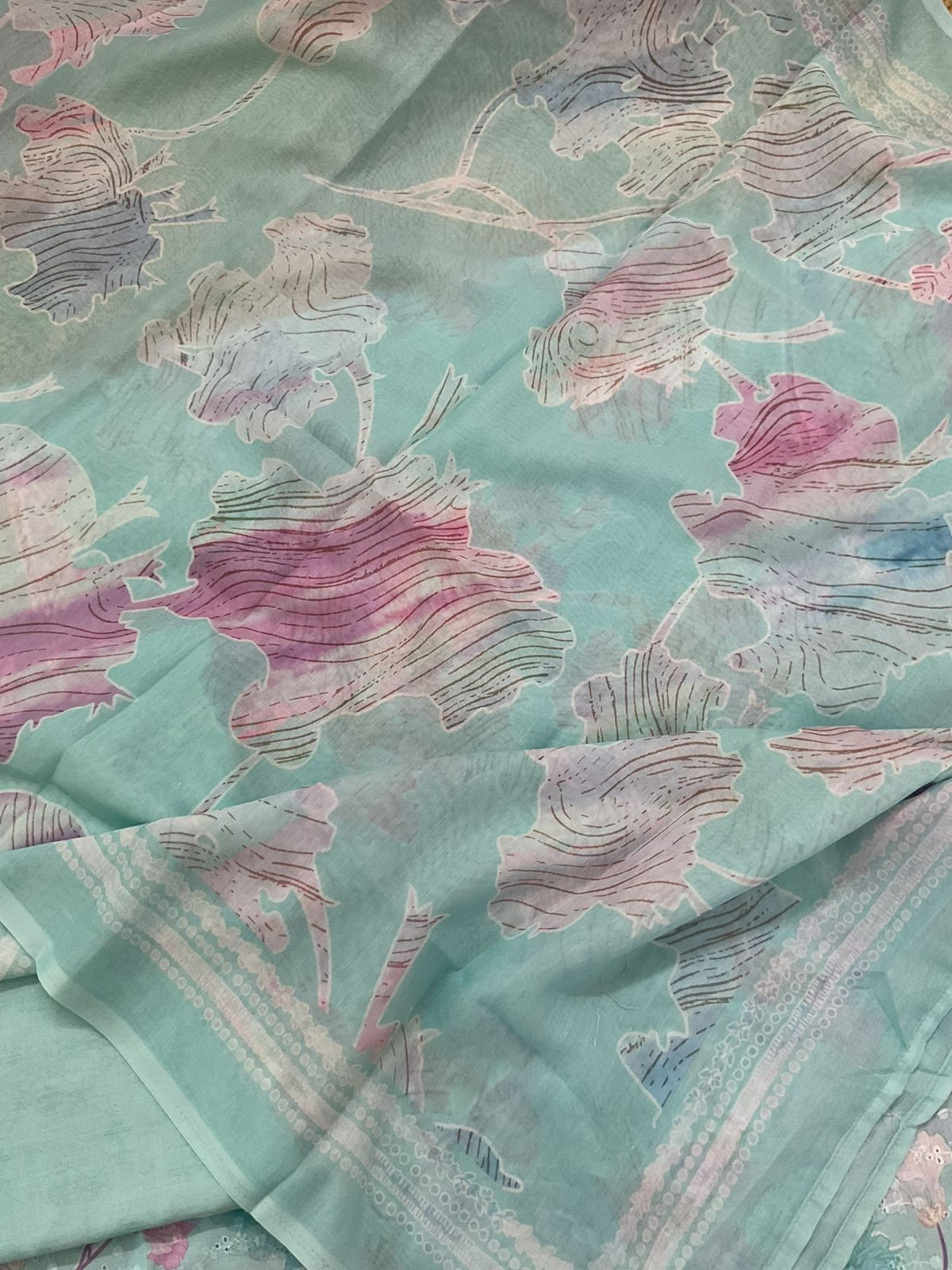 Soft Cotton Printed Embroidered Suit - Sea Blue