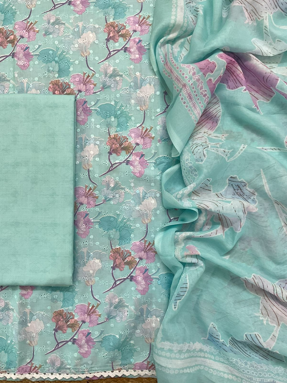 Soft Cotton Printed Embroidered Suit - Sea Blue