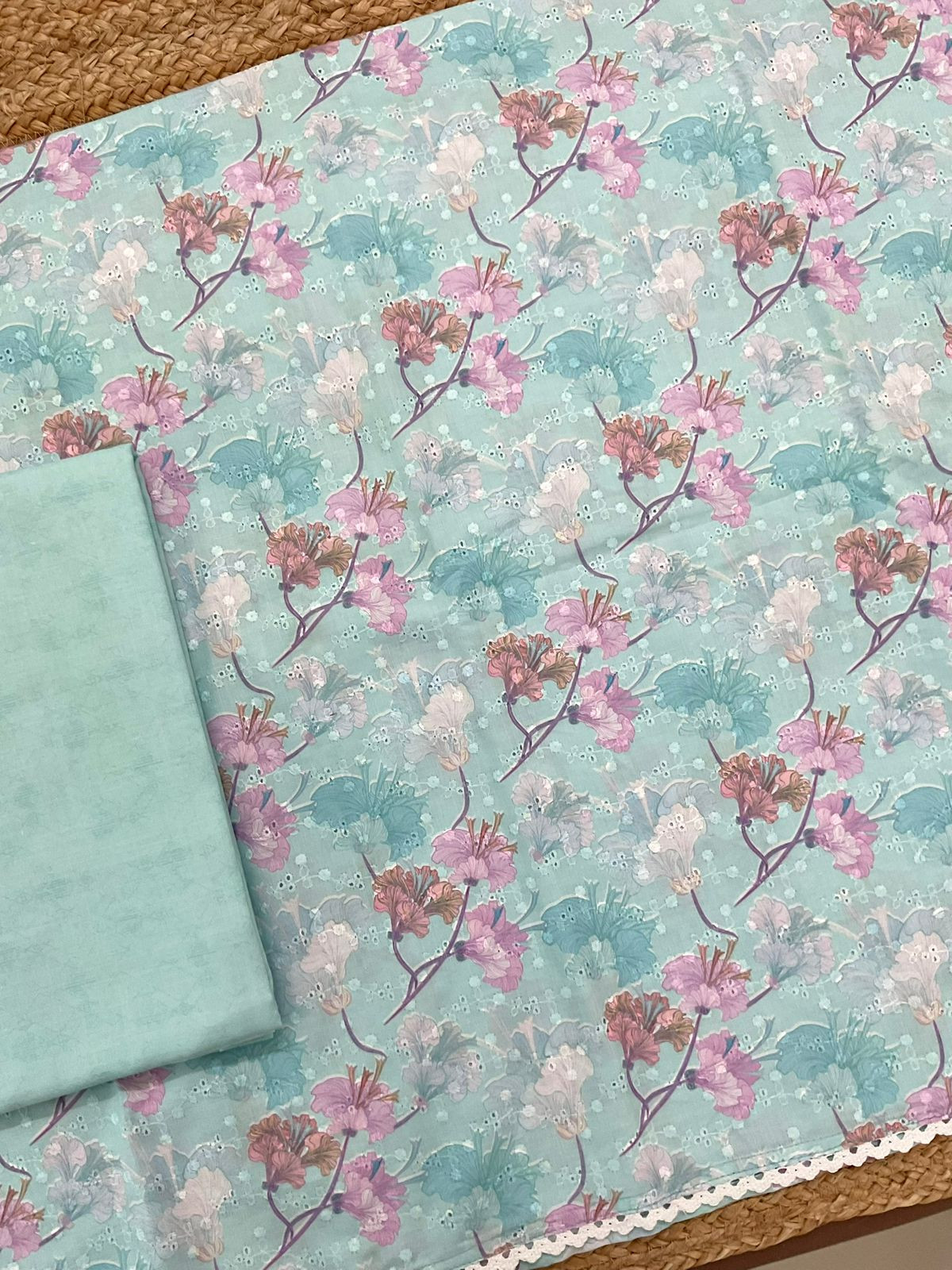 Soft Cotton Printed Embroidered Suit - Sea Blue