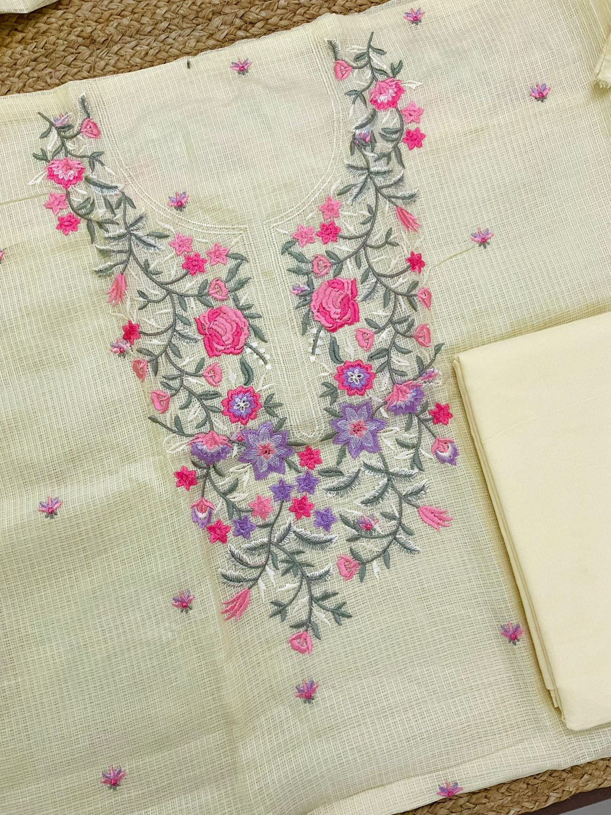 Soft Kota Silk Embroidered Suit - Yellow