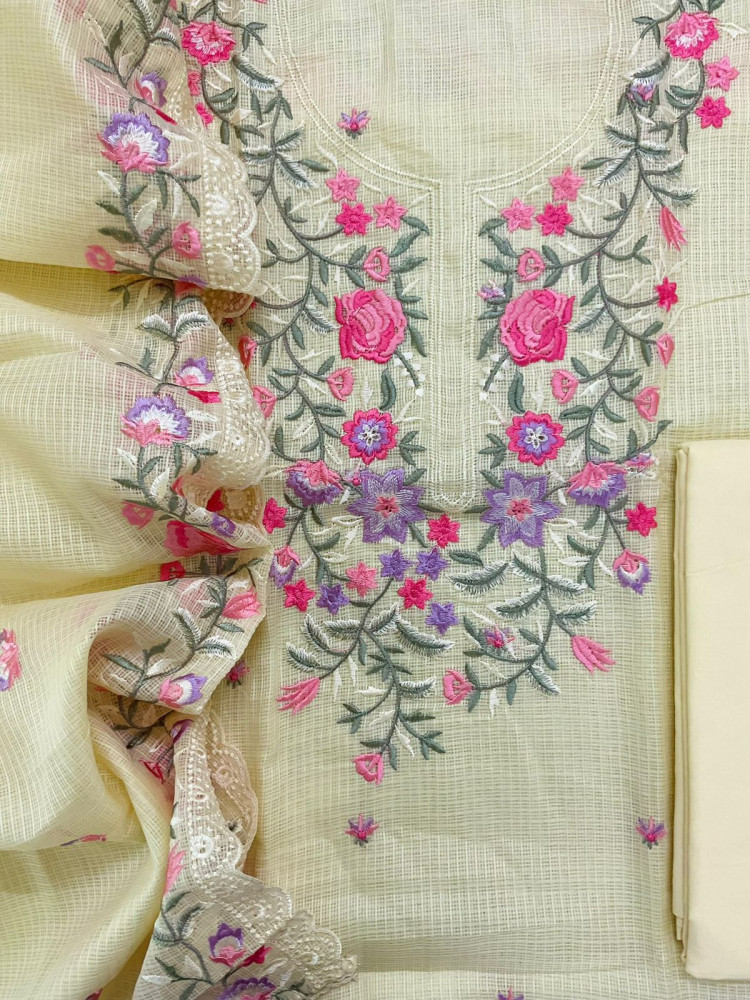 Image of Soft Kota Silk Embroidered Suit - Yellow