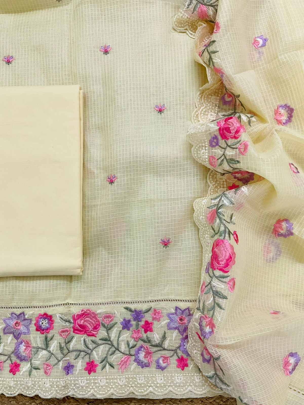 Soft Kota Silk Embroidered Suit - Yellow