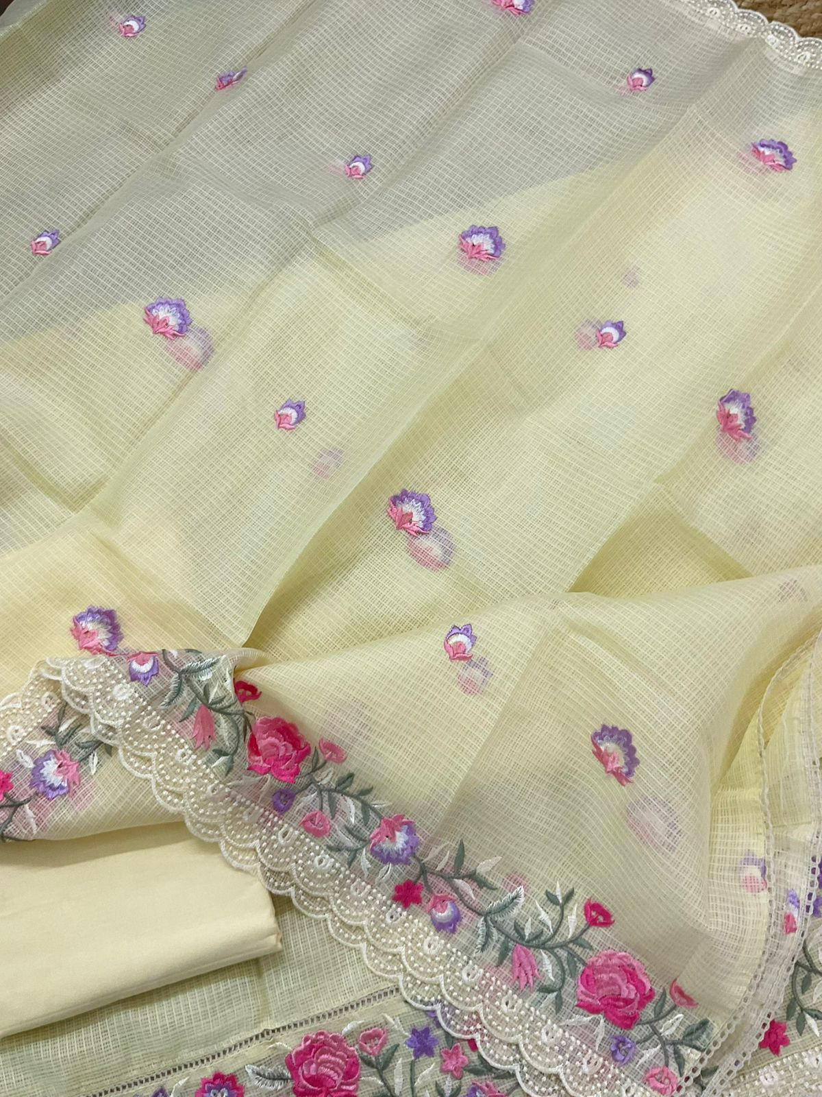 Soft Kota Silk Embroidered Suit - Yellow