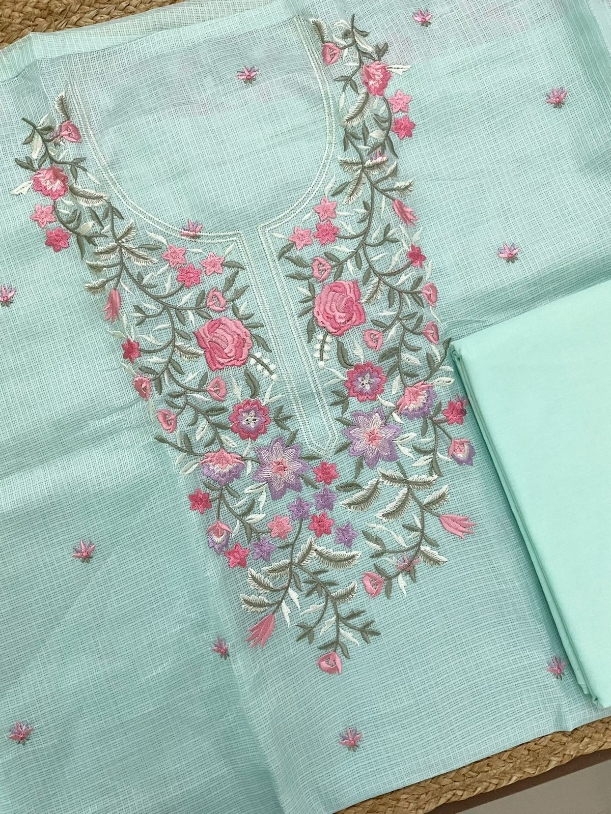 Soft Kota Silk Embroidered Suit - Sea Blue