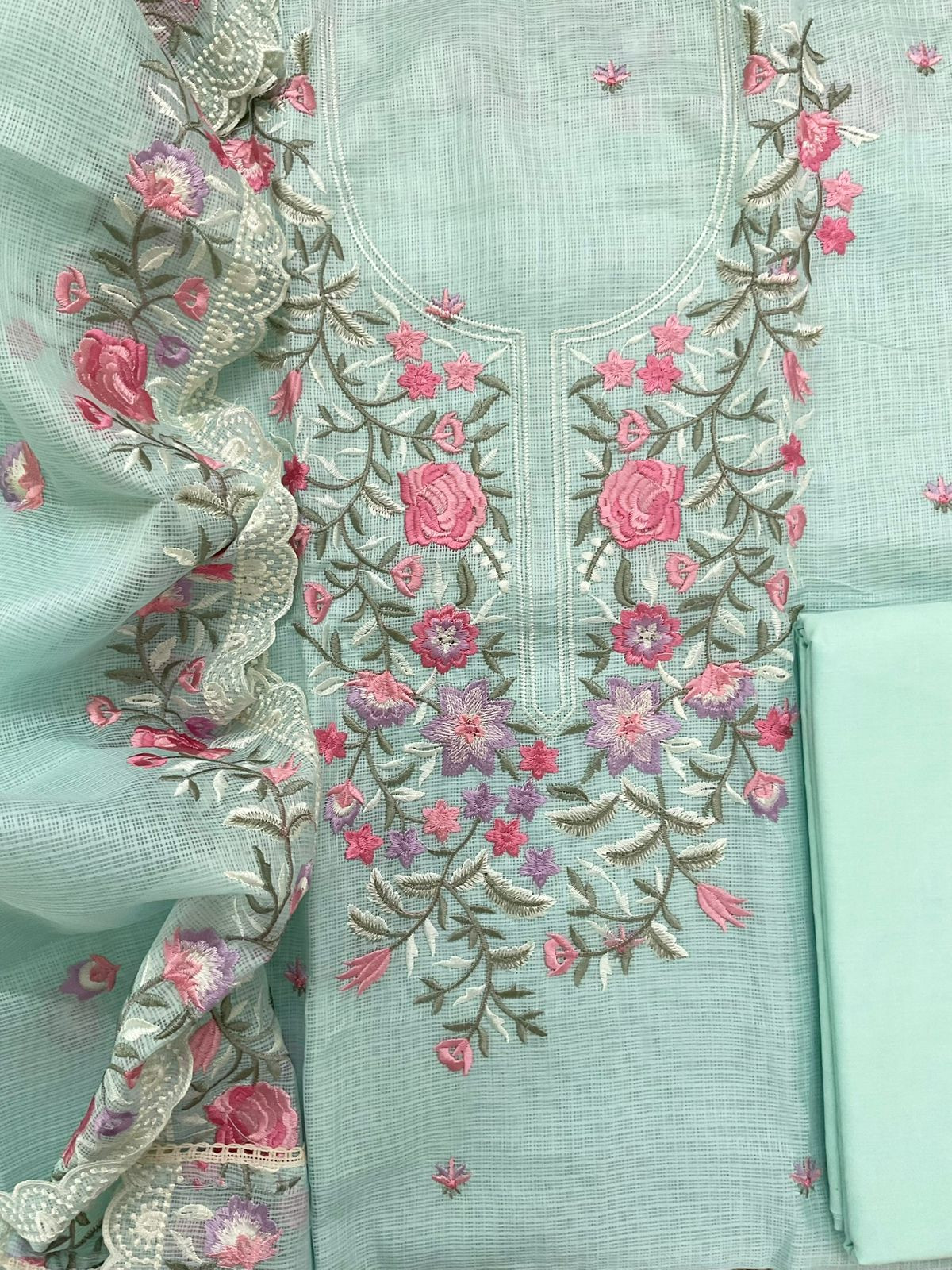 Soft Kota Silk Embroidered Suit - Sea Blue