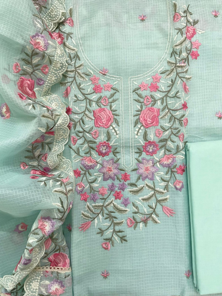 Image of Soft Kota Silk Embroidered Suit - Sea Blue