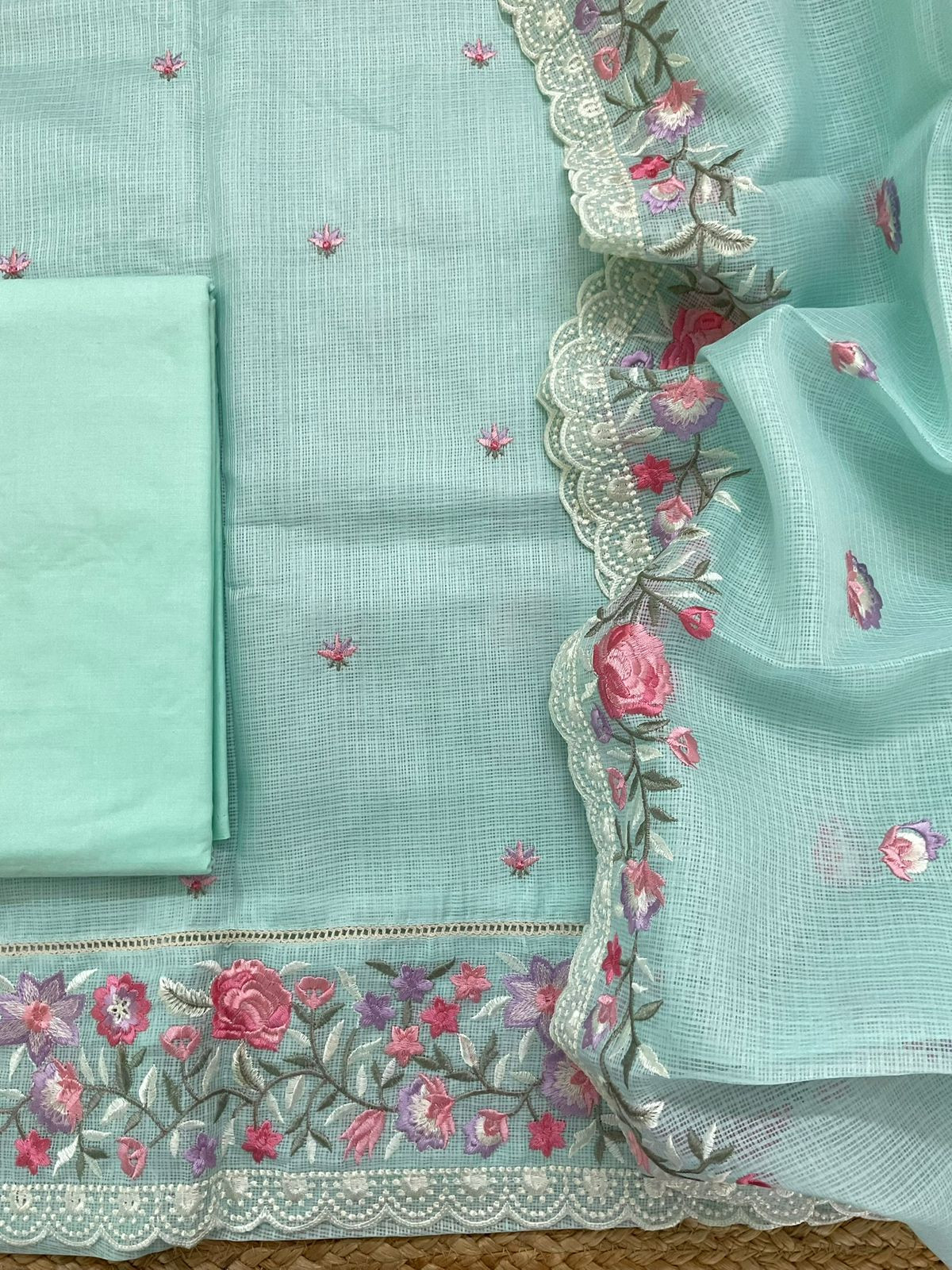 Soft Kota Silk Embroidered Suit - Sea Blue