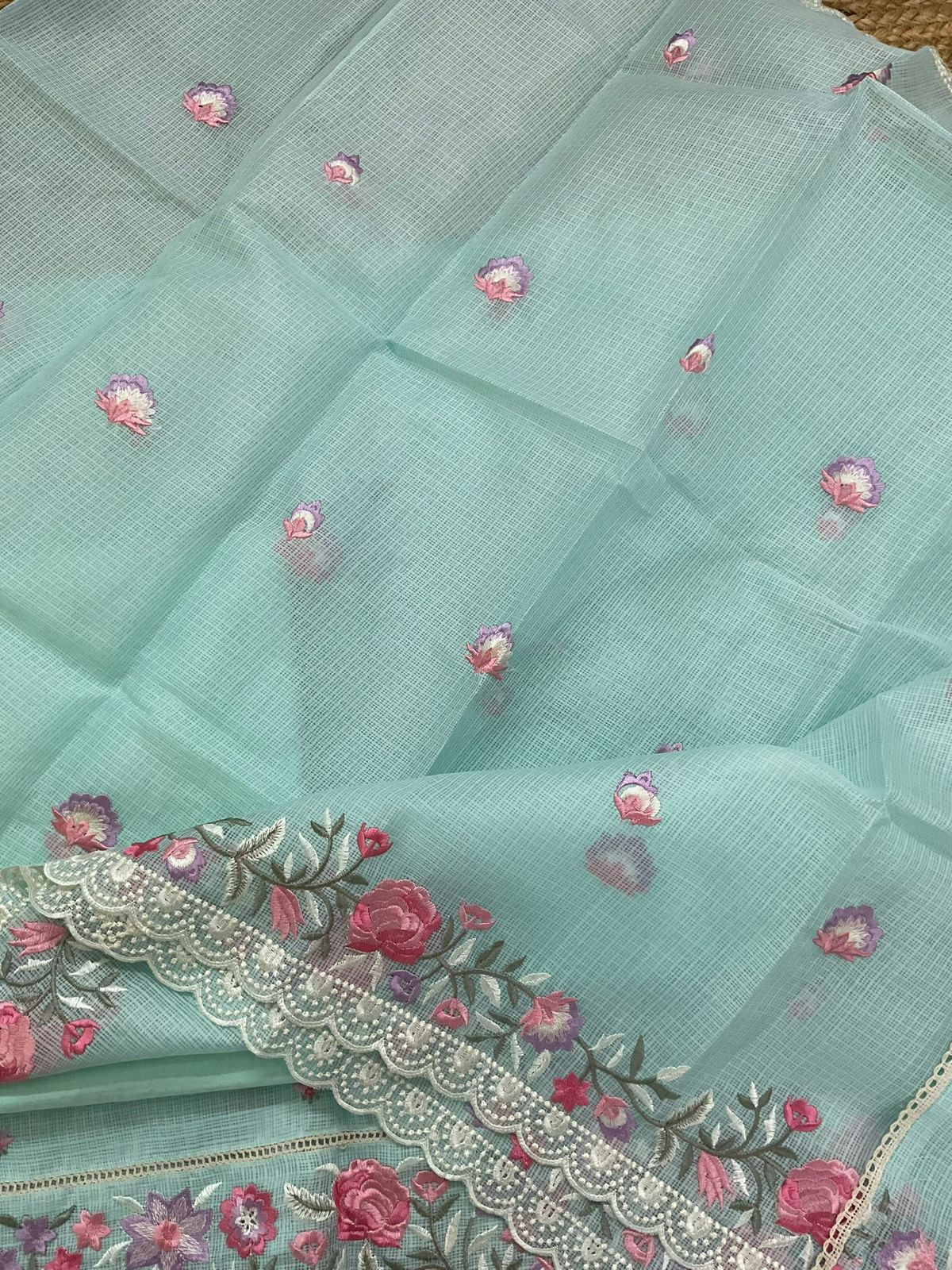 Soft Kota Silk Embroidered Suit - Sea Blue