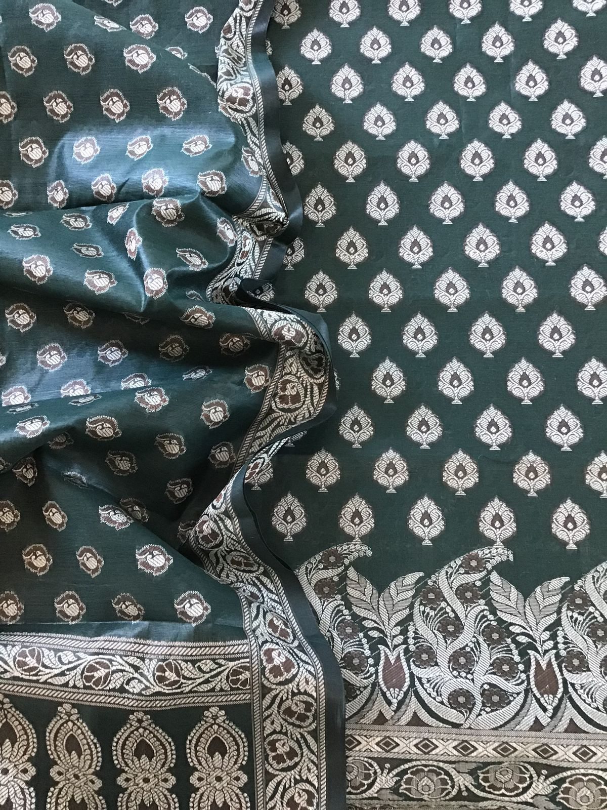 Soft Chanderi Banarasi Weaved Suit - Dark Green