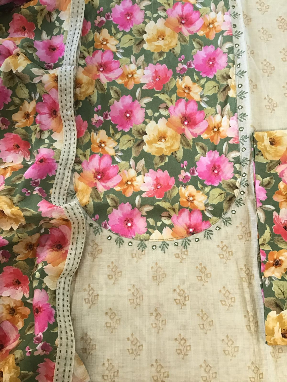 Soft Muslin Printed Embroidered Suit - Beige