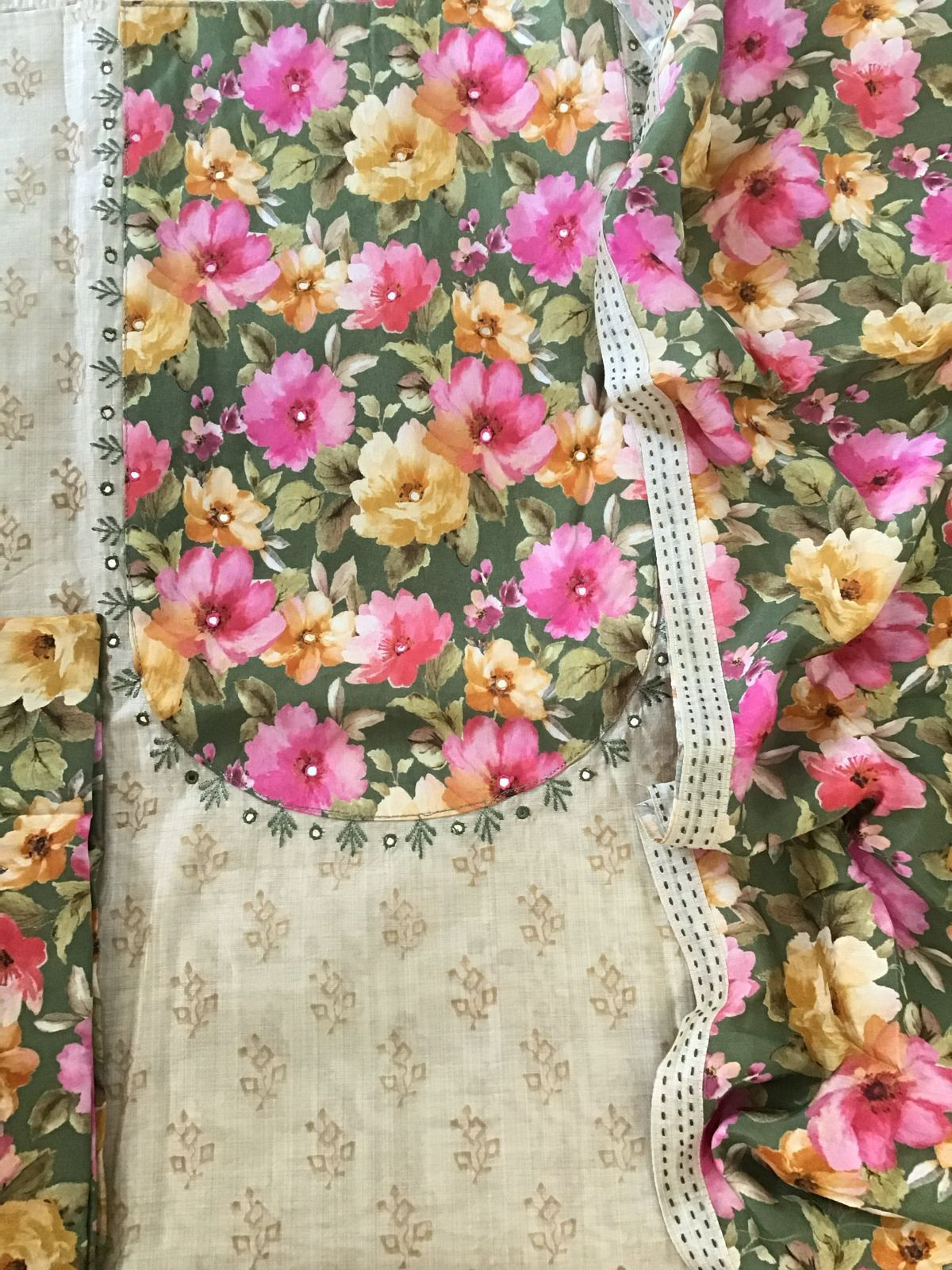 Soft Muslin Printed Embroidered Suit - Beige