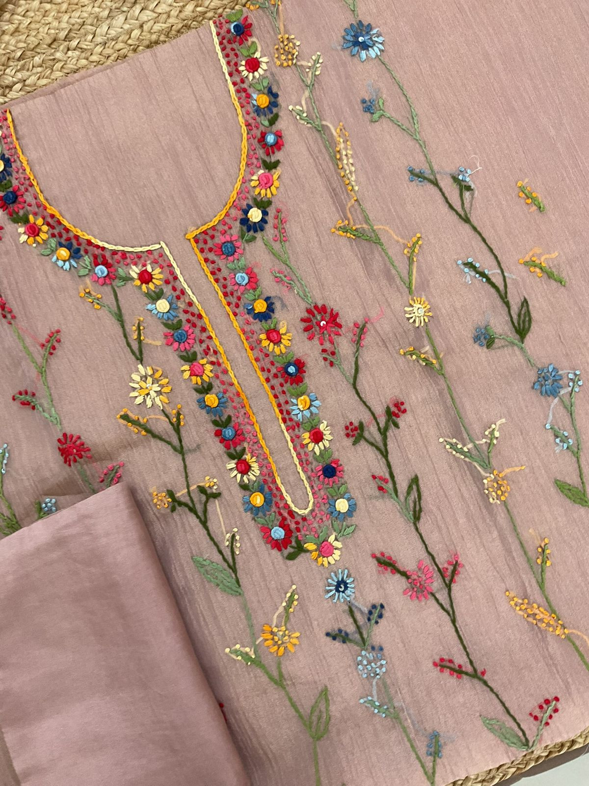 Pure Crushed Tissue Fine Embroidered Suit - Onion Pink