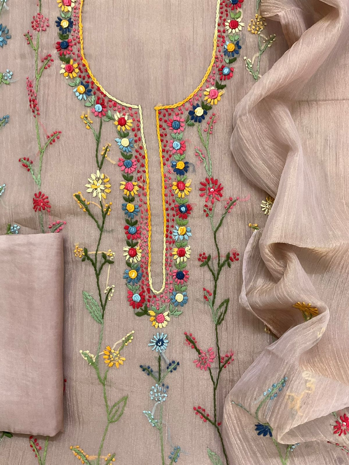 Pure Crushed Tissue Fine Embroidered Suit - Onion Pink