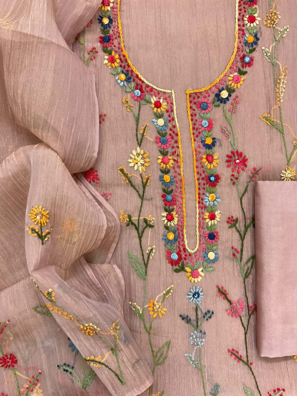 Pure Crushed Tissue Fine Embroidered Suit - Onion Pink