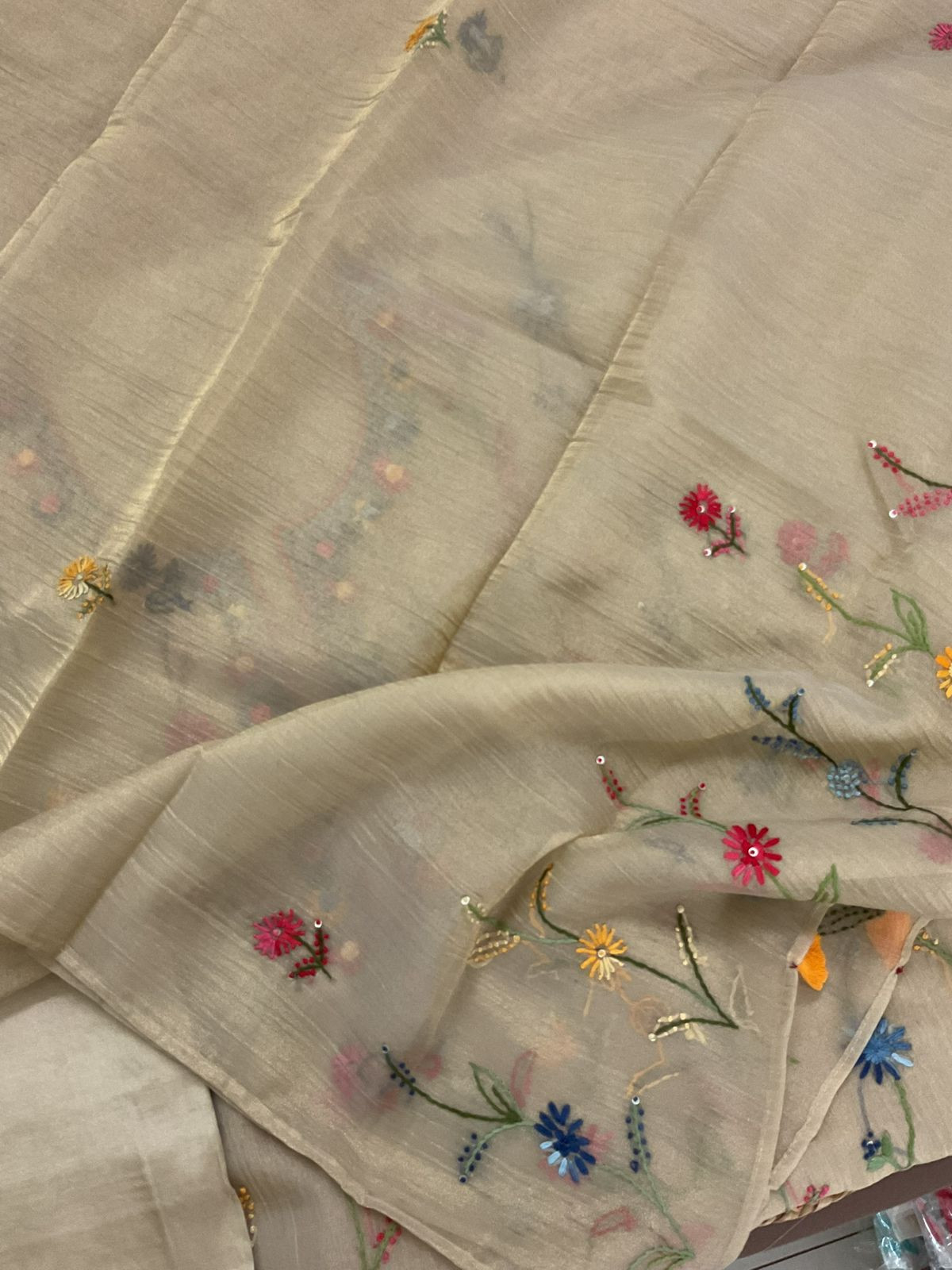 Pure Crushed Tissue Fine Embroidered Suit - Beige