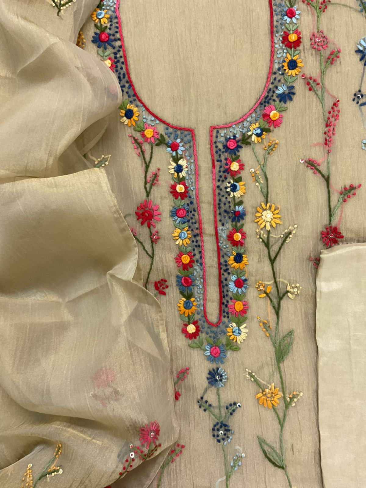 Pure Crushed Tissue Fine Embroidered Suit - Beige